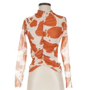 Lisa Says Gah Elenor Top Cow Print Mesh Mock Neck Long Sleeve Orange White Sz S